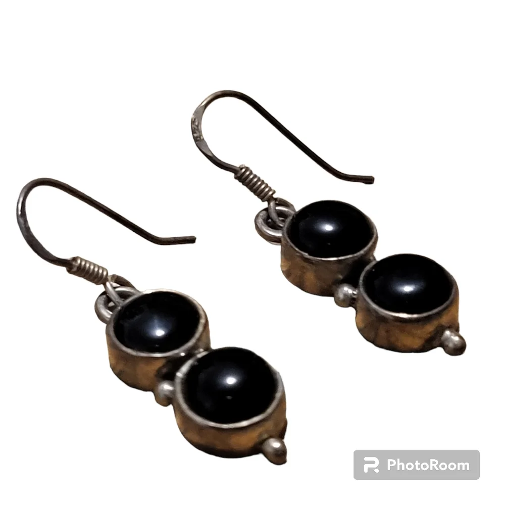 Vintage silver plated black onyx stone dangle earrings - Picture 3 of 5